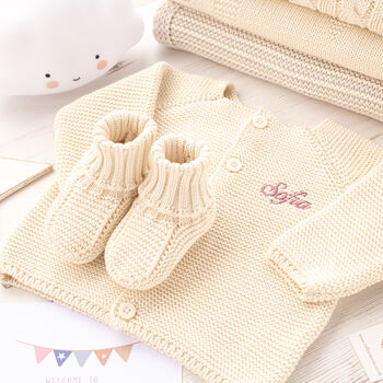 Personalised Baby Cardigan With Script Name And Booties, 2 of 12