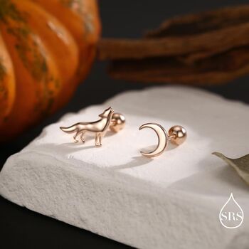 Mismatched Wolf And Moon Screw Back Earrings In Sterling Silver, 5 of 12