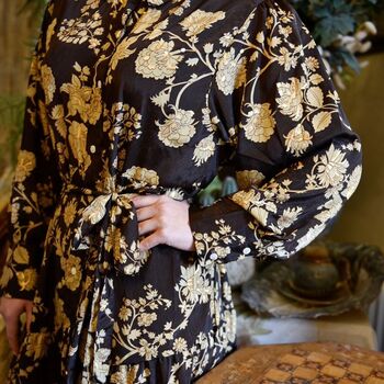'Mika' Rich Brown And Gold Floral Print Long Tiered Dress, 5 of 6