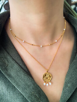 Gold Plated Engraved Coin Necklace With Pearls, 3 of 5