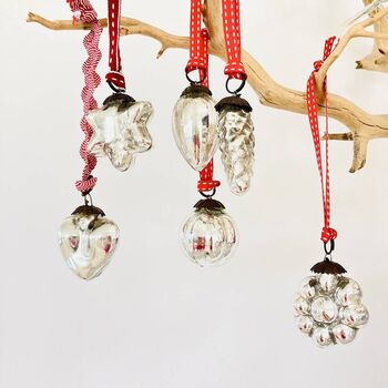 Set Of Six Small Vintage Silver Glass Christmas Baubles, 4 of 4