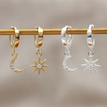 Silver Or Gold Moon And Stars Mini Hoop Earrings, 2 of 6