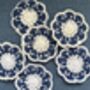 Six Crochet Coasters, Blue White, Citrus, Sunflower, thumbnail 1 of 12