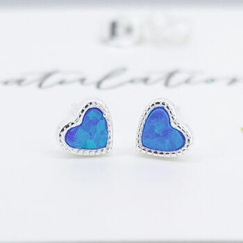Mini Sterling Silver Blue Opal Heart Stud Earrings, 3 of 4
