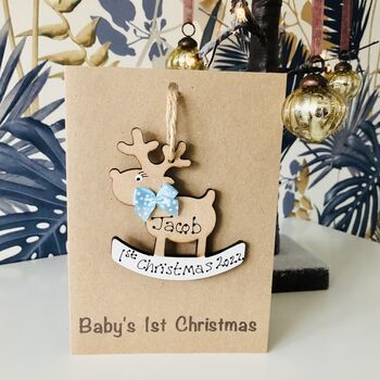 Personalised Baby Boy's First Christmas Card 2024 Decoration, 2 of 11