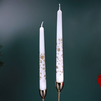 G Decor Set Of Two Hand Finished White Gold Starlit Dinner Candles Gold Glitter Stars Taper Candles Set, 5 of 5