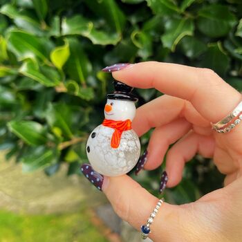 Hand Blown Glass Snowman With Orange Scarf, 3 of 4