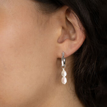 Sterling Silver Double Pearl Charm Hoop Earrings, 2 of 6