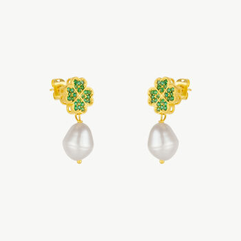 Four Leaves Clover Stud Pearl Drop Earring Gold Green, 2 of 9