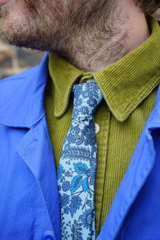 Mens Tonal Blues Bold Floral Print Slim Style Tie, 5 of 12