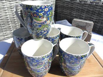 Set Of Six Aspen Mugs In Blue Strawberry Thief Design, 6 of 12