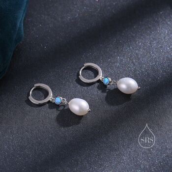 Sterling Silver Genuine Freshwater Pearl And Blue Opal Huggie Hoop Earrings, 3 of 10