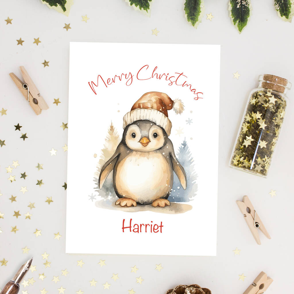 Personalised Watercolour Penguin Christmas Card