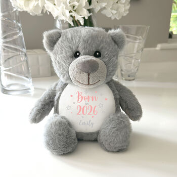 Personalised Born In 2026 Grey Teddy Bear – New Baby Arrival Gift, 7 of 8