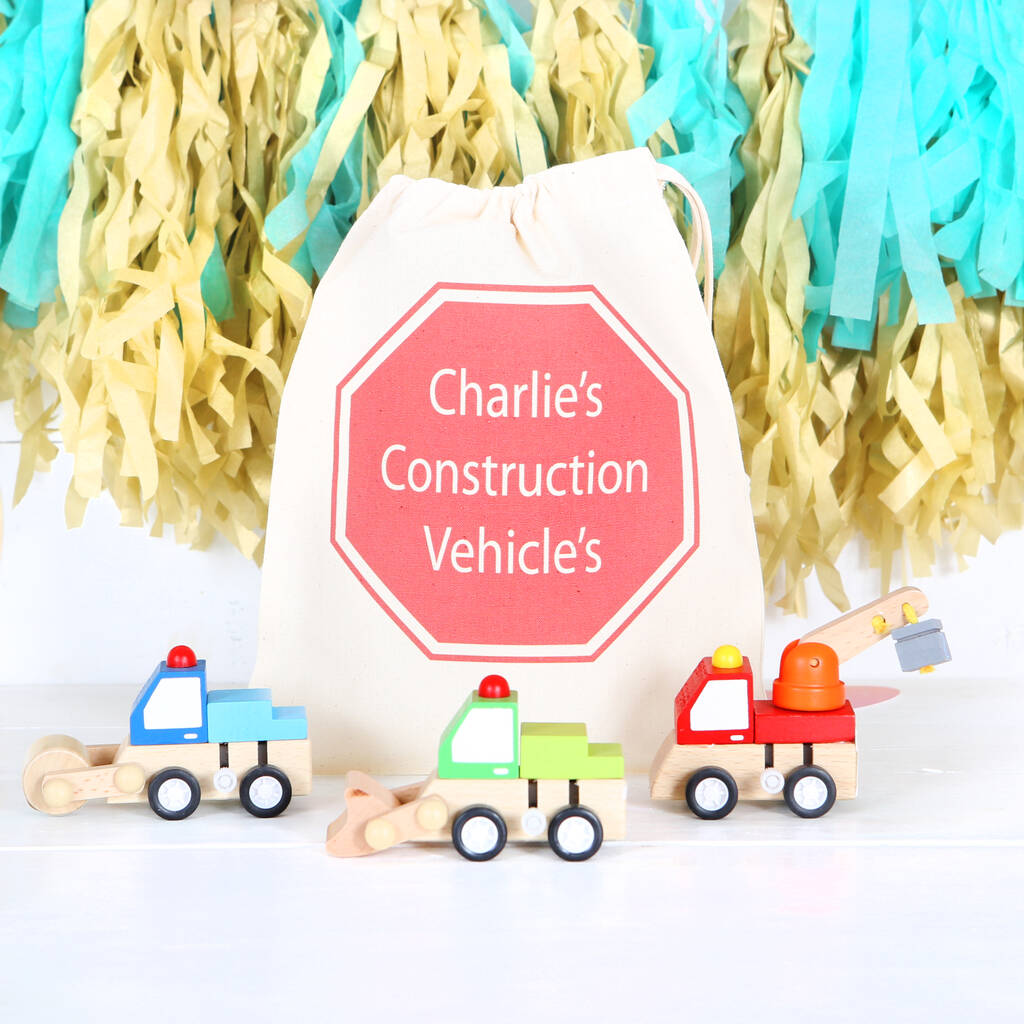 Image of Three Wooden Construction Vehicles And Personalised Bag