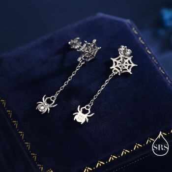 Sterling Silver Dangling Spider And Spider Web Stud Earrings, 6 of 12