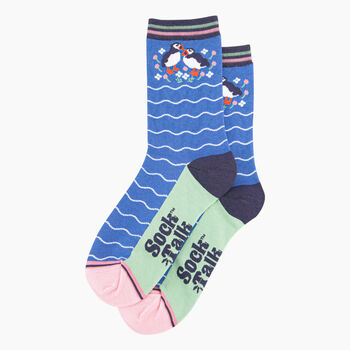 Women's Bamboo Socks Blue Puffins And Flowers, 2 of 5