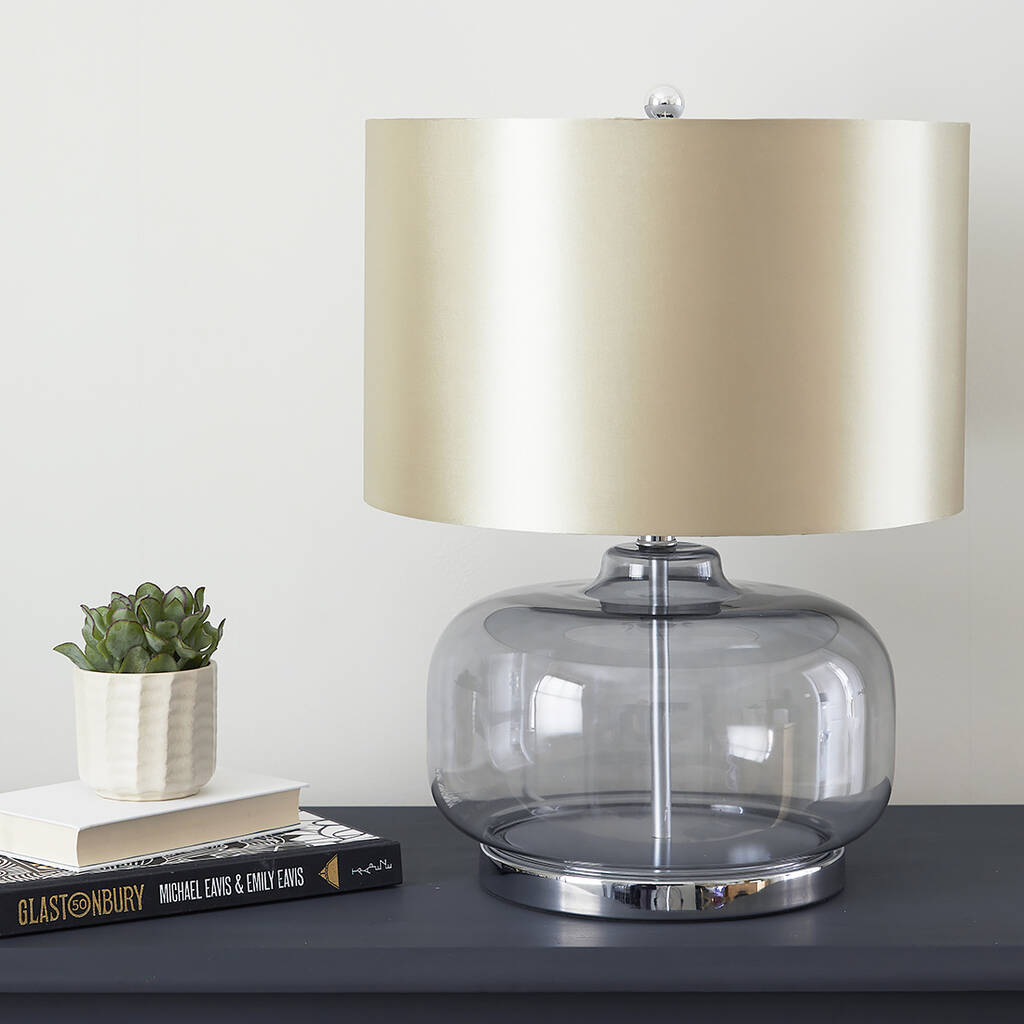 Smoked Glass Table Lamp With Champagne Shade By Primrose & Plum