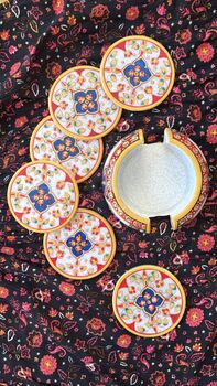 Marble Meenakari Coasters, Set Of Six With Case, 8 of 11