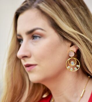 Raw Rose Quartz, Aqua Chalcedony Gold Earrings, 2 of 7