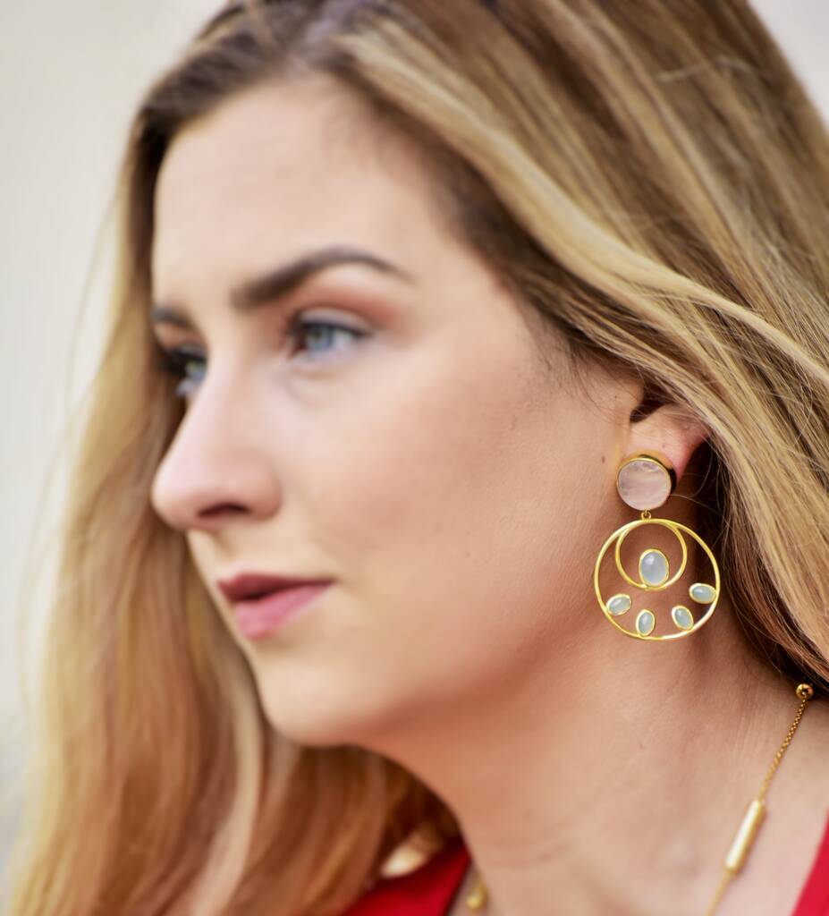 Raw Rose Quartz, Aqua Chalcedony Gold Earrings, 1 of 7