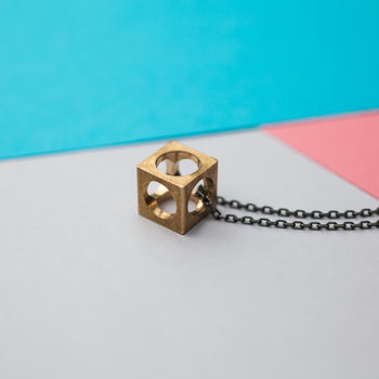 Minimal Brass Cube And Oxidized Silver Necklace, 2 of 4