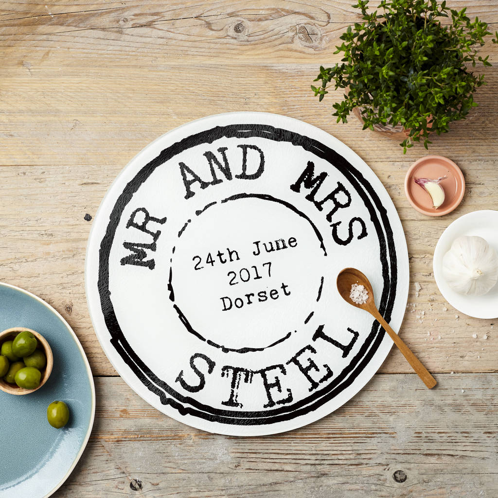 personalised wedding stamp glass chopping board by tillyanna