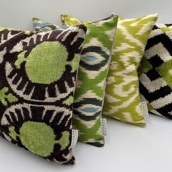 Square Ikat Velvet Cushion Green Pomegranate, 5 of 7