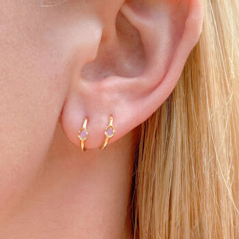 10k Solid Gold Moonstone Mini Hoop Earrings, 4 of 5