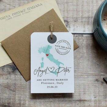 Save The Date Luggage Tag Map Wedding Invitation, 3 of 6