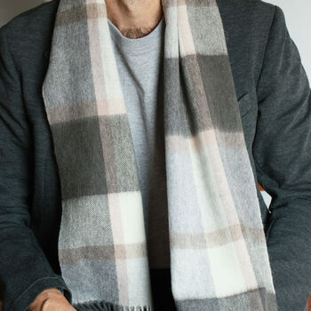 Men's Grey Beige Tartan Cashmere Wool Blend Scarf, 3 of 8