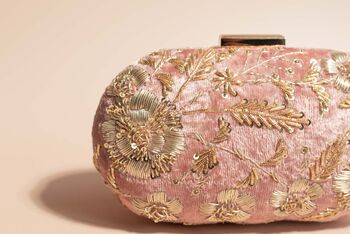 Disha Dusky Pink Velvet Oval Embroidered Clutch, 4 of 8