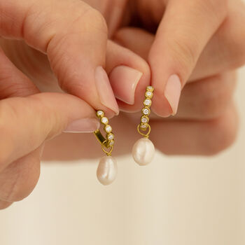 Gemstone Pearl Drop Huggie Earrings, 3 of 9