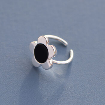 Sterling Silver Flower Onyx Open Ring, 2 of 5