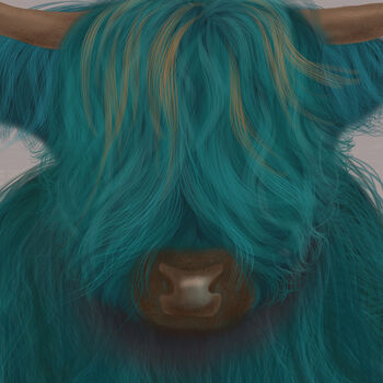 Highland Cow In Turquoise, Art Print Framed Or Unframed, 2 of 9