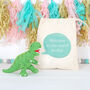 Green T Rex Dinosaur Rattle And Personalised Cotton Bag, thumbnail 1 of 3