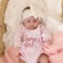 She's Here Embroidered New Baby Long Sleeve Knitted Romper, thumbnail 12 of 12