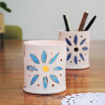 Pencil And Tealight Holder Blue Flower Design, 2 of 8