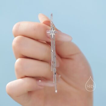 Sterling Silver Starburst Dangle Drop Hook Earrings With Sparkle Tassels, 4 of 10