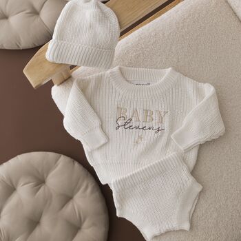 Personalised Baby Surname Knitted Baby Set, 3 of 3