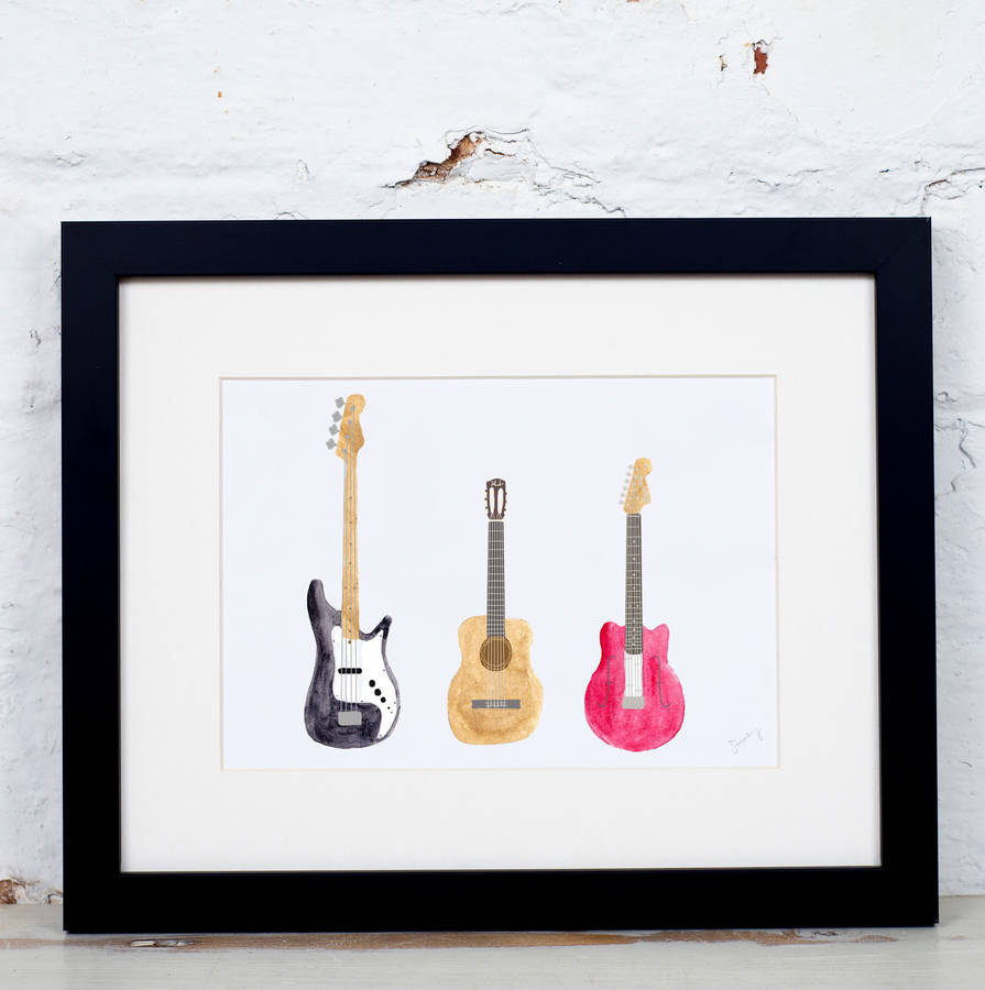 Bass Acoustic And Electric Guitar Illustration Print By Yellowstone Art 