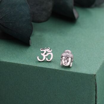 Mismatched Buddha Head And Om Stud Earrings In Sterling Silver, 5 of 12
