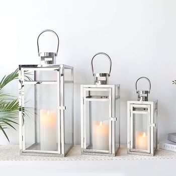 Set Of Three Silver Stainless Candle Holder Lantern, 3 of 6