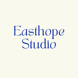 Easthope studio logo with bright blue text and pale creme background 