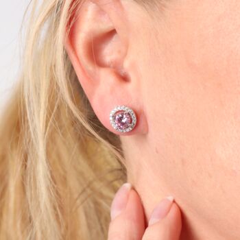 Pink Halo Cubic Zirconia Stud Earrings In Sterling Silver, 5 of 8