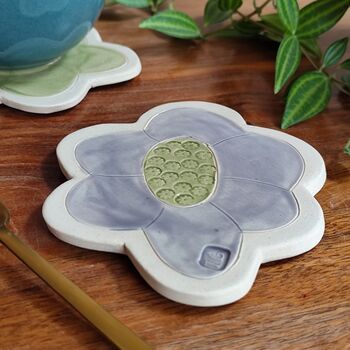 Flower Shaped Ceramic Coasters In Purple And Green, 3 of 6