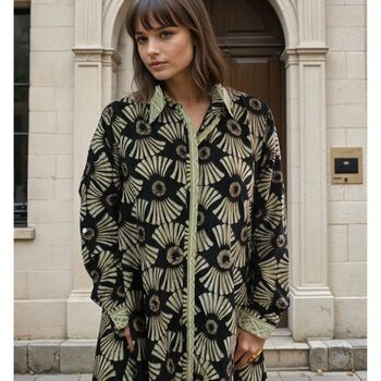 'Coco' Buttoned Black And Gold Fan Print Shirt Dress, 3 of 5