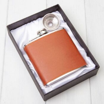 Engraved Brown Leather Hip Flask And Funnel, 2 of 3
