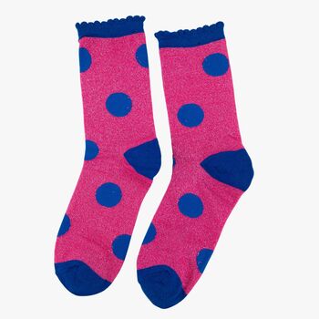 Women's Glitter Socks Pink Royal Blue Large Polka Dots, 2 of 4