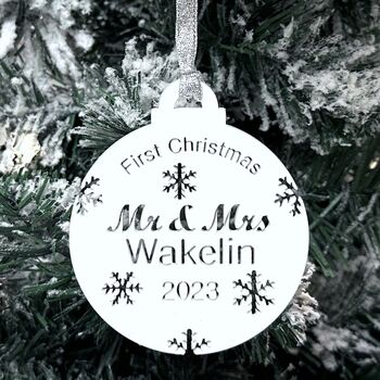 Mr And Mrs Personalised First Christmas Bauble, 2 of 10